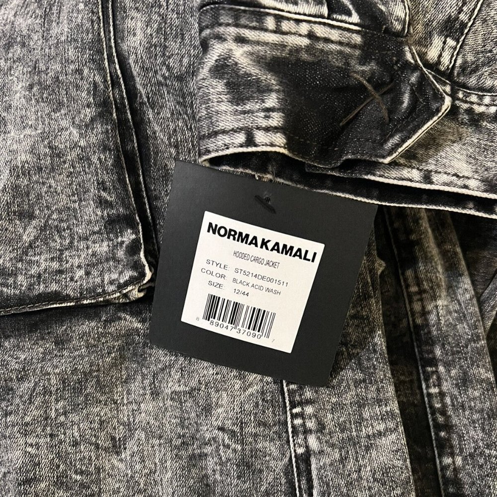 $395 Norma Kamali Cargo Utility Jacket Dress Hooded Zip Denim Black Acid Wash 12 - Picture 6 of 8